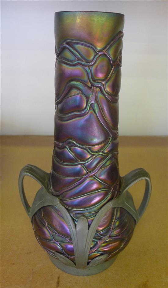 Art Nouveau Bohemian glass vase, pewter mounts